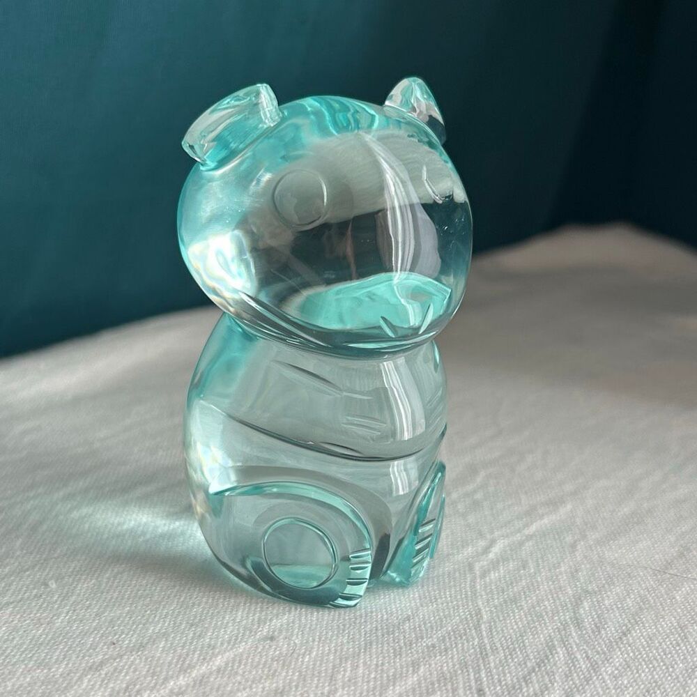 Hand Blown Cut Art Glass Aqua Bear Figurine Paperweight